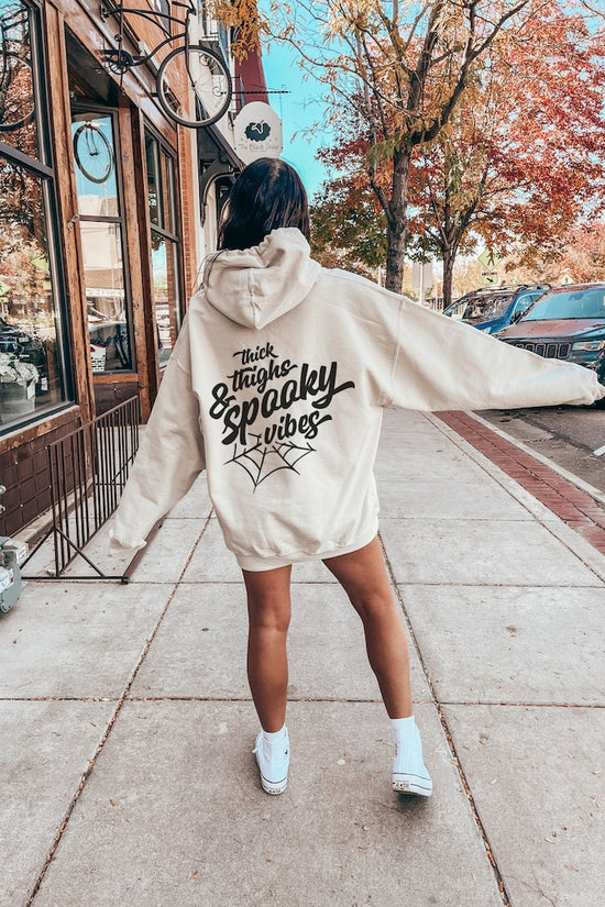 Halloween Hoodie | Thick Thighs Spooky Vibes Sweatshirt, Fall Hoodie, Spooky Hoodie, Halloween hoodies, Halloween 2025, Halloween Apparel