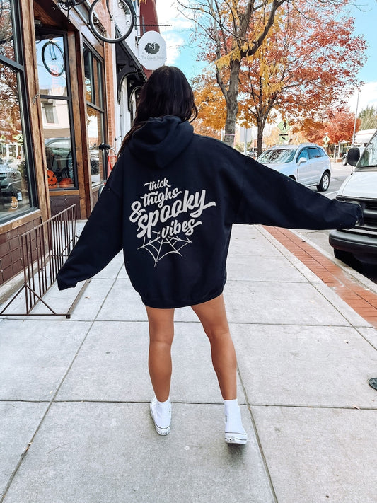 Halloween Hoodie | Thick Thighs Spooky Vibes Sweatshirt, Fall Hoodie, Spooky Hoodie, Halloween hoodies, Halloween 2025, Halloween Apparel