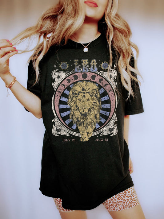 Leo Zodiac Vintage Tee, Celestial Leo Shirt, Lion, Oversized Tee, Astrology, Horoscope, Birthday Gift, Gift For Her