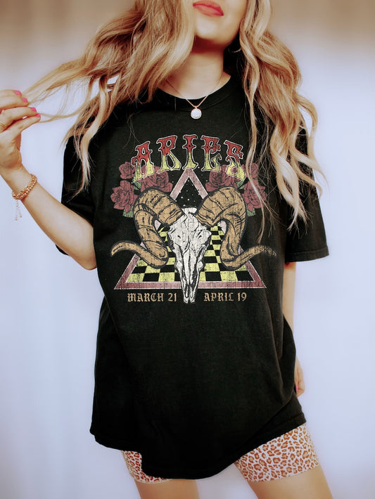 Aries Zodiac Vintage Tee, Celestial Aries Shirt, Oversized Tee, Astrology, Horoscope, Birthday Gift, Gift For Her