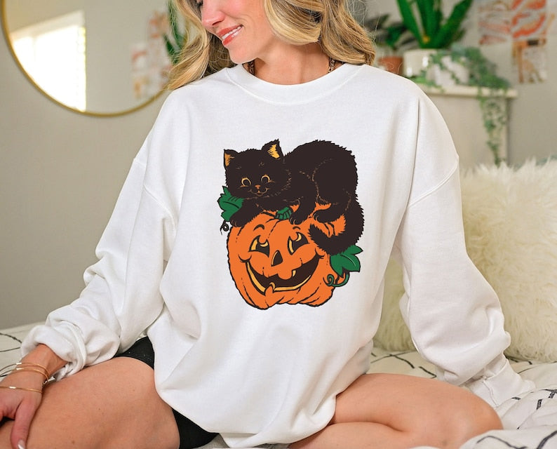 Black Cat Pumpkin Sweatshirt, Halloween Sweatshirt