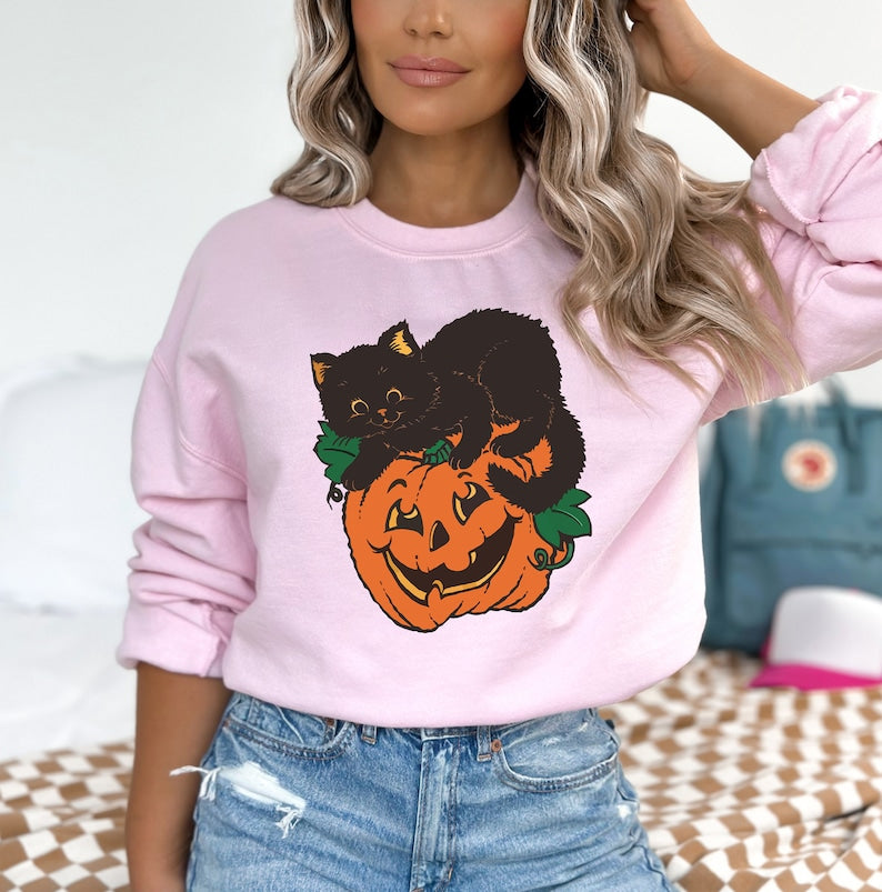 Black Cat Pumpkin Sweatshirt, Halloween Sweatshirt