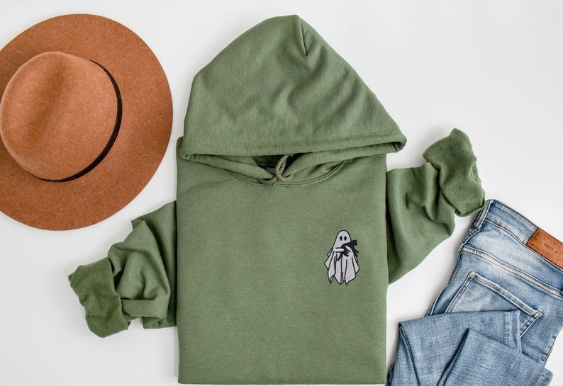 Embroidered Ghost Hoodie, Halloween Sweatshirt, Black Cat, Fall Hoodies for Women, Halloween Crewneck, Cute Ghost Shirt, Spooky Season