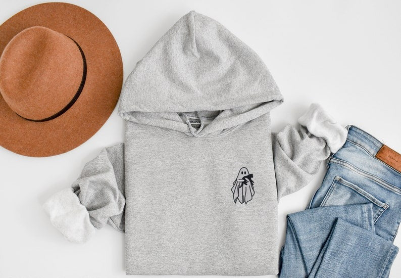 Embroidered Ghost Hoodie, Halloween Sweatshirt, Black Cat, Fall Hoodies for Women, Halloween Crewneck, Cute Ghost Shirt, Spooky Season