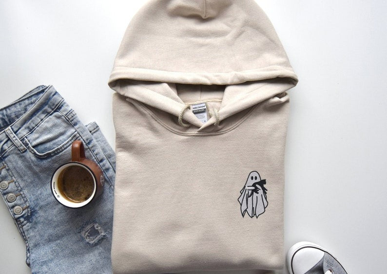 Embroidered Ghost Hoodie, Halloween Sweatshirt, Black Cat, Fall Hoodies for Women, Halloween Crewneck, Cute Ghost Shirt, Spooky Season