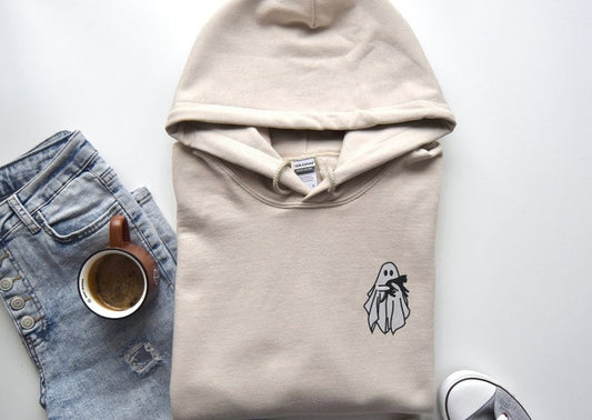 Embroidered Ghost Hoodie, Halloween Sweatshirt, Black Cat, Fall Hoodies for Women, Halloween Crewneck, Cute Ghost Shirt, Spooky Season