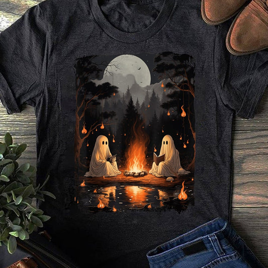 Vintage Ghost Book Reading Camping Gothic Halloween Teachers T-Shirt - Funny Ghost Shirt, Spooky, Halloween T-Shirt