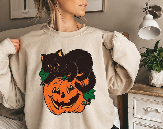 Black Cat Pumpkin Sweatshirt, Halloween Sweatshirt