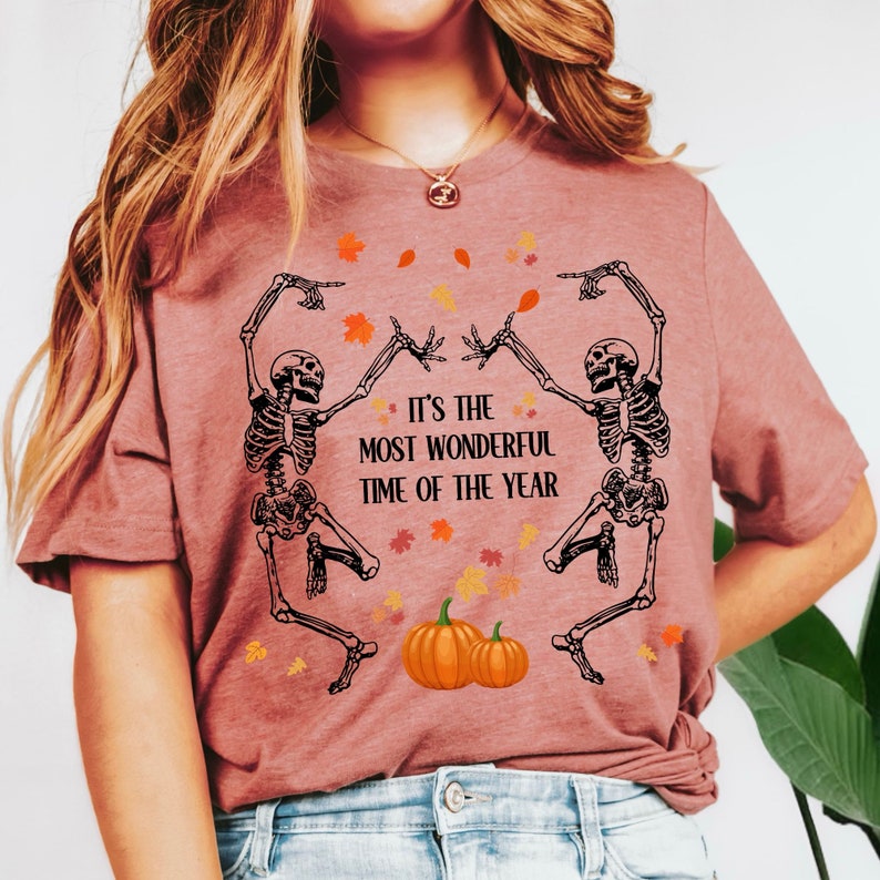 Halloween T-shirt / Dancing Skeletons pumpkins and autumn leaves / Black dark grey party outfit costume unisex adult kids sizes unique tee