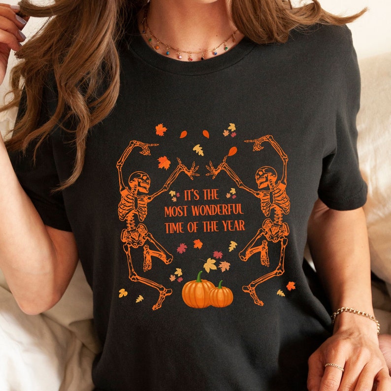Halloween T-shirt / Dancing Skeletons pumpkins and autumn leaves / Black dark grey party outfit costume unisex adult kids sizes unique tee