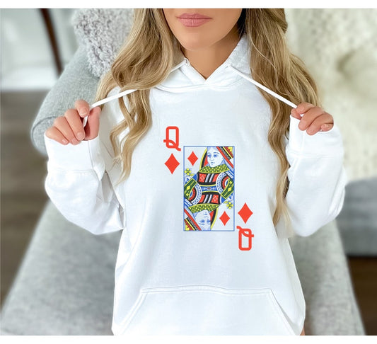 Queen of Clubs - Hoodie w/ Sleeve - Queen Poker Card Hoodie, Queen of Clubs poker card, Queen Hoodie, Poker-themed sweatshirt