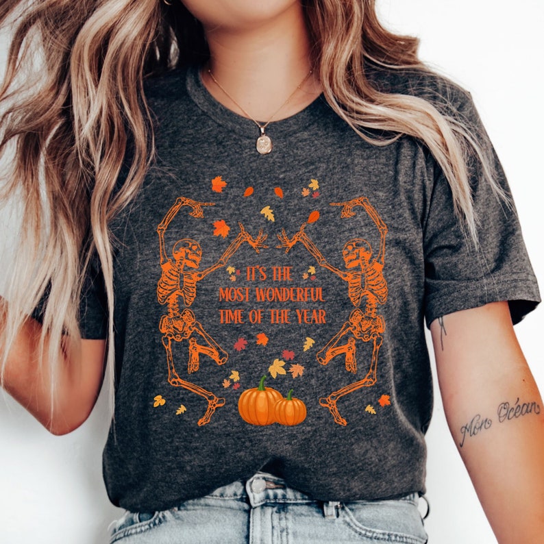 Halloween T-shirt / Dancing Skeletons pumpkins and autumn leaves / Black dark grey party outfit costume unisex adult kids sizes unique tee