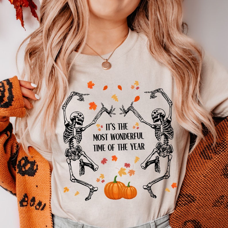 Halloween T-shirt / Dancing Skeletons pumpkins and autumn leaves / Black dark grey party outfit costume unisex adult kids sizes unique tee