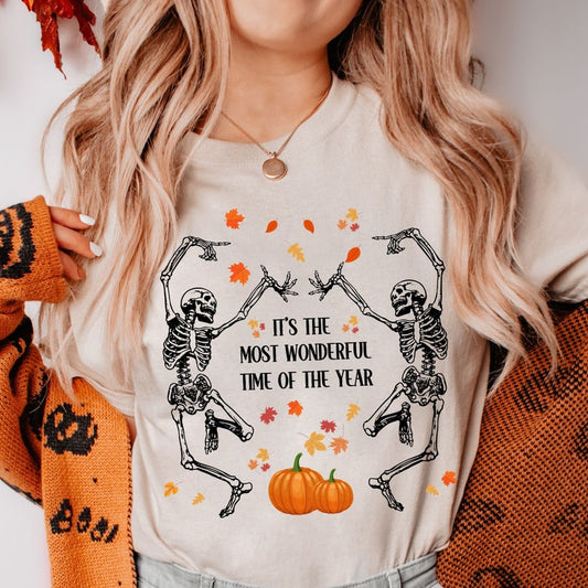 Halloween T-shirt / Dancing Skeletons pumpkins and autumn leaves / Black dark grey party outfit costume unisex adult kids sizes unique tee