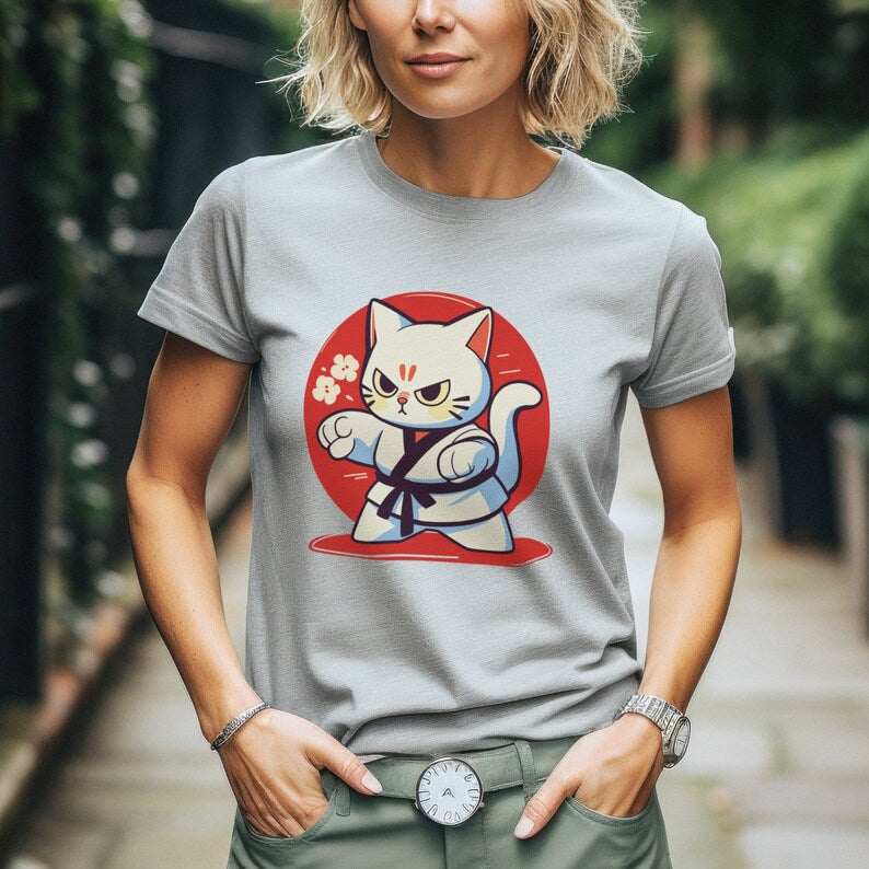 Anime Karate Cat T-Shirt, Martial Arts Kitten Tee, Funny Cat Lover Gift, Manga Style Shirt, Pet Owner Outfit