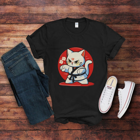 Anime Karate Cat T-Shirt, Martial Arts Kitten Tee, Funny Cat Lover Gift, Manga Style Shirt, Pet Owner Outfit