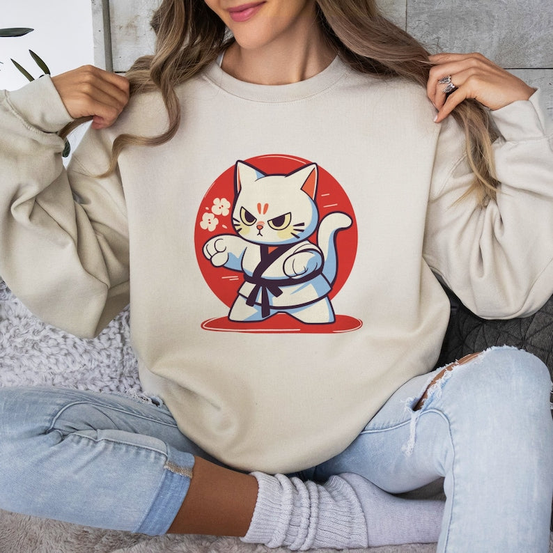 Anime Karate Cat Sweatshirt, Martial Arts Kitten Tee, Funny Cat Lover Gift, Cat Mom Sweatshirt
