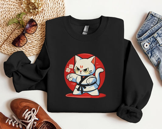 Anime Karate Cat Sweatshirt, Martial Arts Kitten Tee, Funny Cat Lover Gift, Cat Mom Sweatshirt