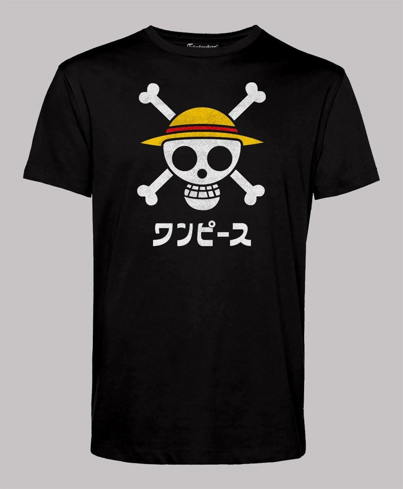 One Piece - Men's Luffy Skull, Crossbones and Straw Hat Anime T-Shirt