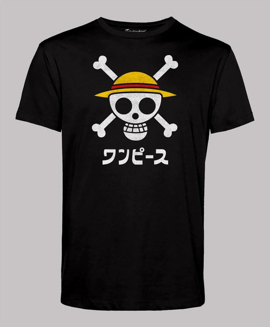 One Piece - Men's Luffy Skull, Crossbones and Straw Hat Anime T-Shirt