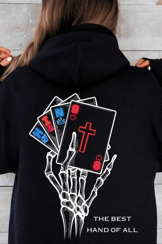 Christian Skeleton Hand Hoodie – “The Best Hand of All” Playing Card Faith Graphic – Jesus Poker Hoodie – Christian Streetwear – Bold Gospel