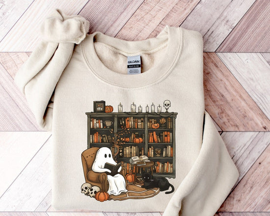 Retro Ghost Reading Books Sweatshirt, Librarian Ghost Halloween, Halloween Teacher Sweatshirt, Halloween Shirt, Teacher Gift, Boo School
