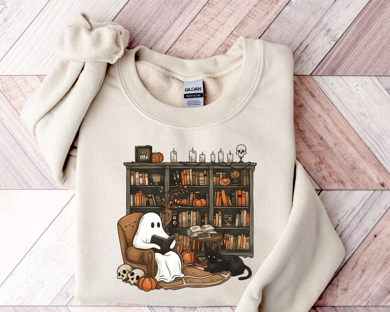 Retro Ghost Reading Books Sweatshirt, Librarian Ghost Halloween, Halloween Teacher Sweatshirt, Halloween Shirt, Teacher Gift, Boo School