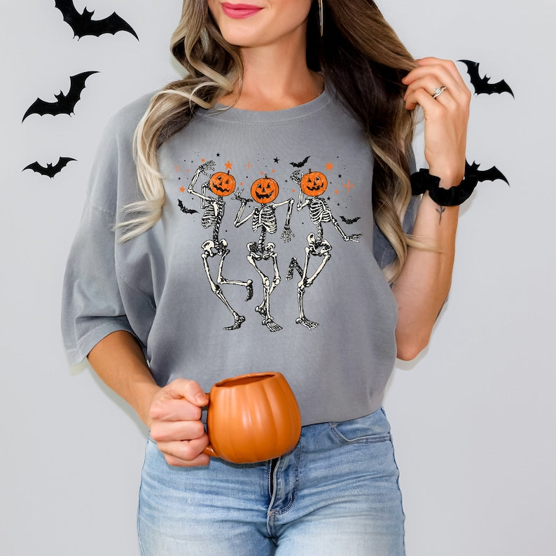 Dancing Skeleton Pumpkin Shirt, Retro Halloween Women's Shirt, Funny Fall Halloween Party Shirt, Spooky Season Skeleton Tee