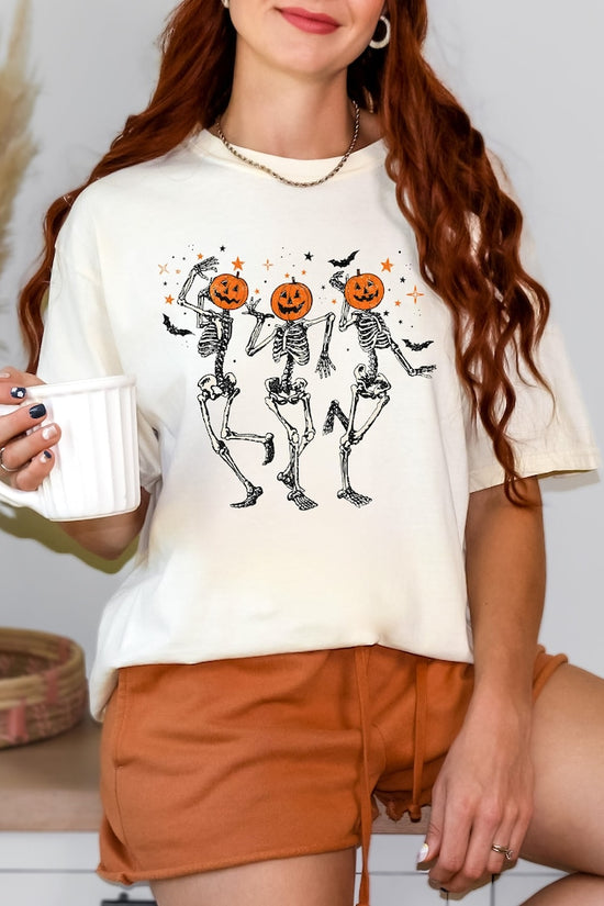 Dancing Skeleton Pumpkin Shirt, Retro Halloween Women's Shirt, Funny Fall Halloween Party Shirt, Spooky Season Skeleton Tee