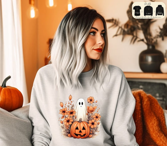Retro Floral Ghost Halloween Sweatshirt, Halloween Party Shirt, Halloween Women's Fall Sweater