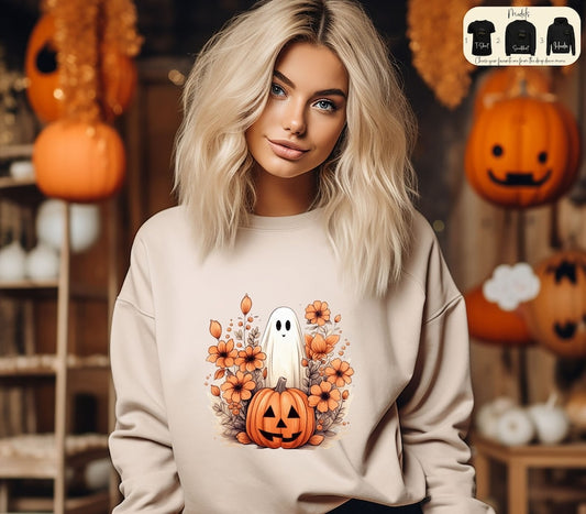 Retro Floral Ghost Halloween Sweatshirt, Halloween Party Shirt, Halloween Women's Fall Sweater