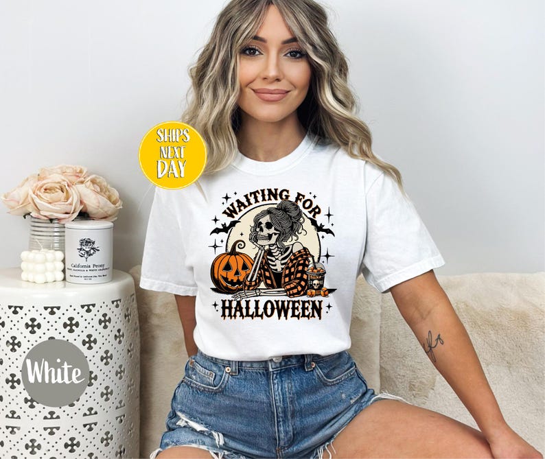 Skeleton Girl Just Waiting For Halloween T-shirt, Spooky Pumpkin Art Tee, Waiting for Halloween T-Shirt, Halloween Coffee Cup T-shirt