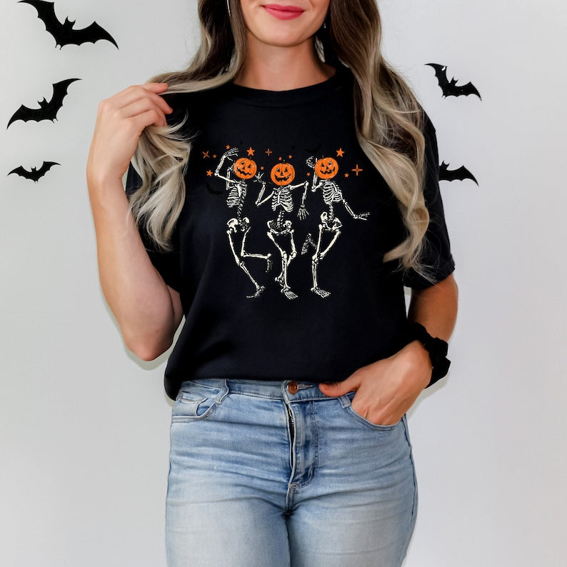 Dancing Skeleton Pumpkin Shirt, Retro Halloween Women's Shirt, Funny Fall Halloween Party Shirt, Spooky Season Skeleton Tee