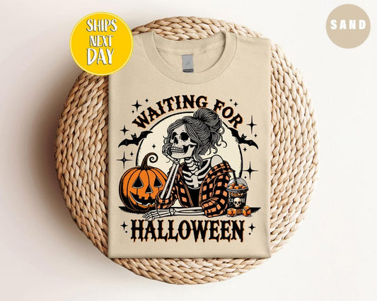 Skeleton Girl Just Waiting For Halloween T-shirt, Spooky Pumpkin Art Tee, Waiting for Halloween T-Shirt, Halloween Coffee Cup T-shirt
