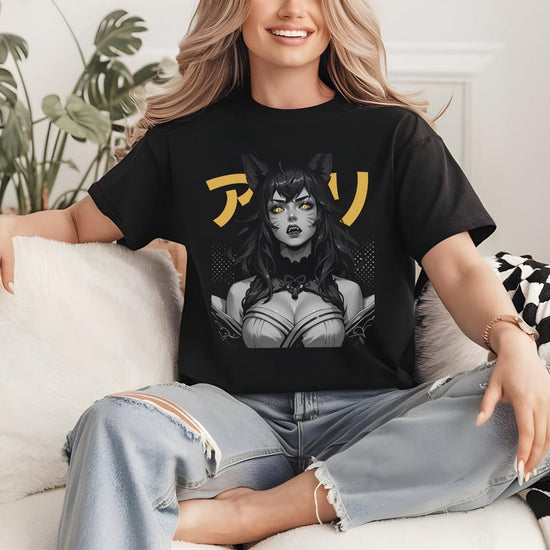Japanese Style Ahri League of Legends Shirt KDA lol tee Shirt of Legends Apparel Monochrome Greyscale, Japanese Aesthetcic