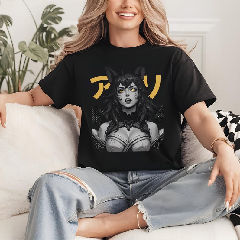 Japanese Style Ahri League of Legends Shirt KDA lol tee Shirt of Legends Apparel Monochrome Greyscale, Japanese Aesthetcic