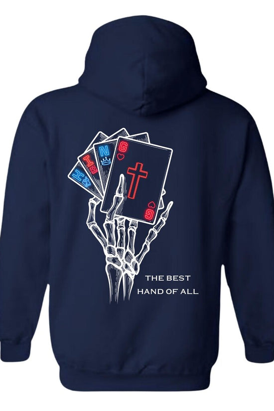 Christian Skeleton Hand Hoodie – “The Best Hand of All” Playing Card Faith Graphic – Jesus Poker Hoodie – Christian Streetwear – Bold Gospel