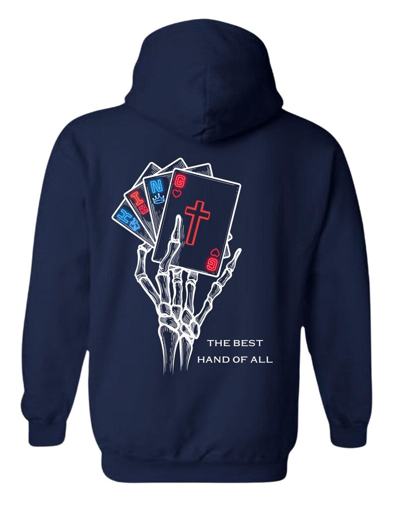 Christian Skeleton Hand Hoodie – “The Best Hand of All” Playing Card Faith Graphic – Jesus Poker Hoodie – Christian Streetwear – Bold Gospel