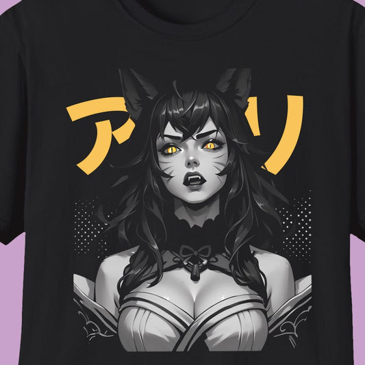 Japanese Style Ahri League of Legends Shirt KDA lol tee Shirt of Legends Apparel Monochrome Greyscale, Japanese Aesthetcic