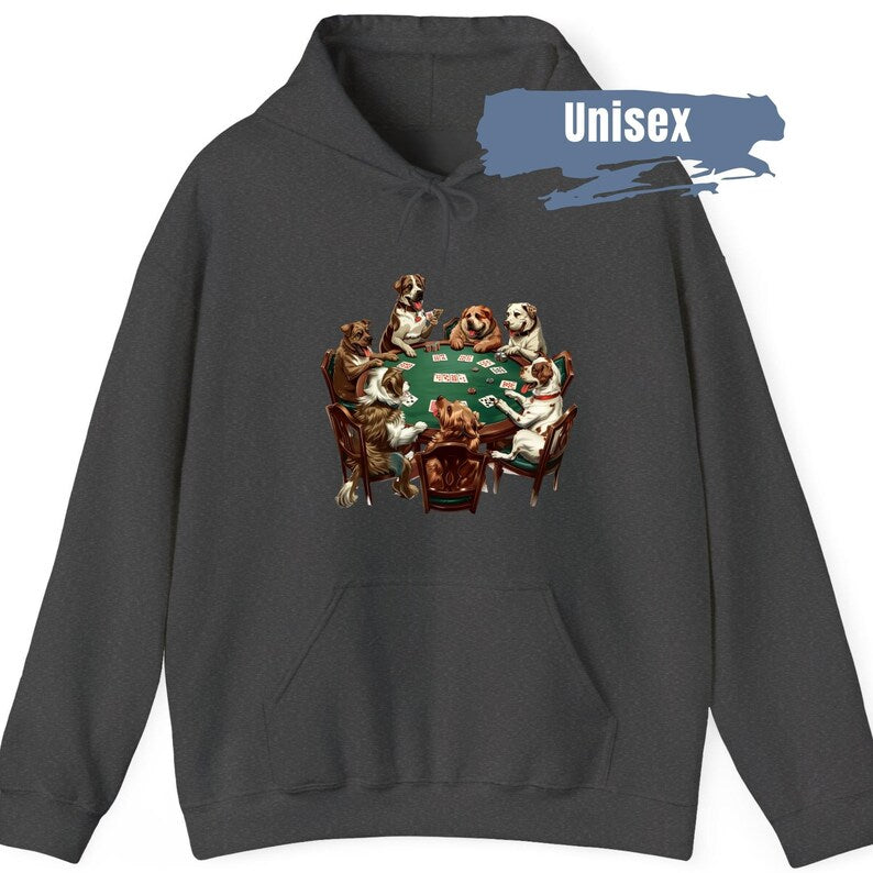 Dogs Playing Poker Hoodie | Dogs Playing Cards on a Hooded Sweatshirt | Funny Pet Lover Gift | Funny Dog Mom Sweater | Funny Dog Dad Hoodie