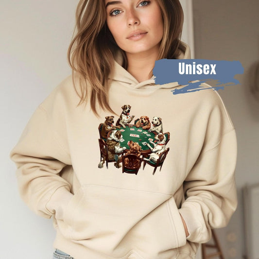 Dogs Playing Poker Hoodie | Dogs Playing Cards on a Hooded Sweatshirt | Funny Pet Lover Gift | Funny Dog Mom Sweater | Funny Dog Dad Hoodie
