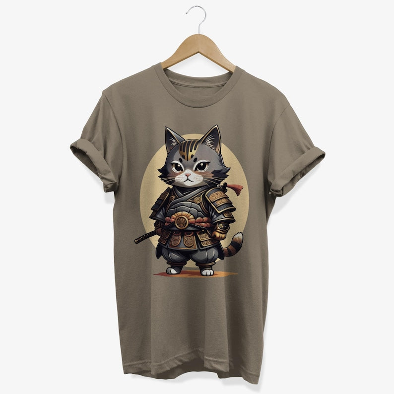 Kawaii Samurai Cat T-shirt | Japanese Kitten Warrior Graphic Tee | Anime Lovers Gifts