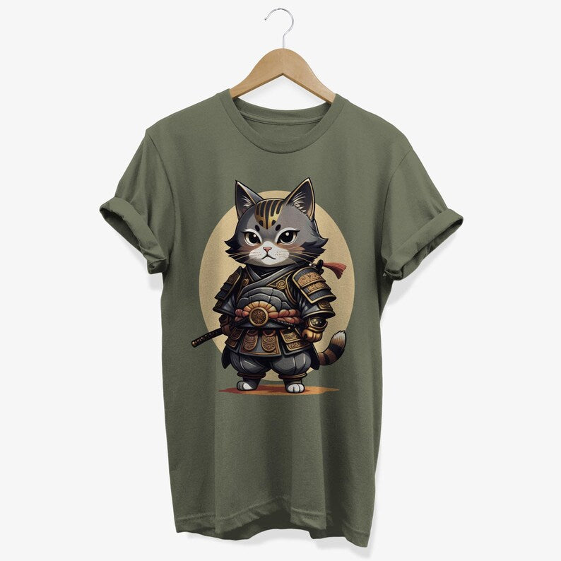Kawaii Samurai Cat T-shirt | Japanese Kitten Warrior Graphic Tee | Anime Lovers Gifts