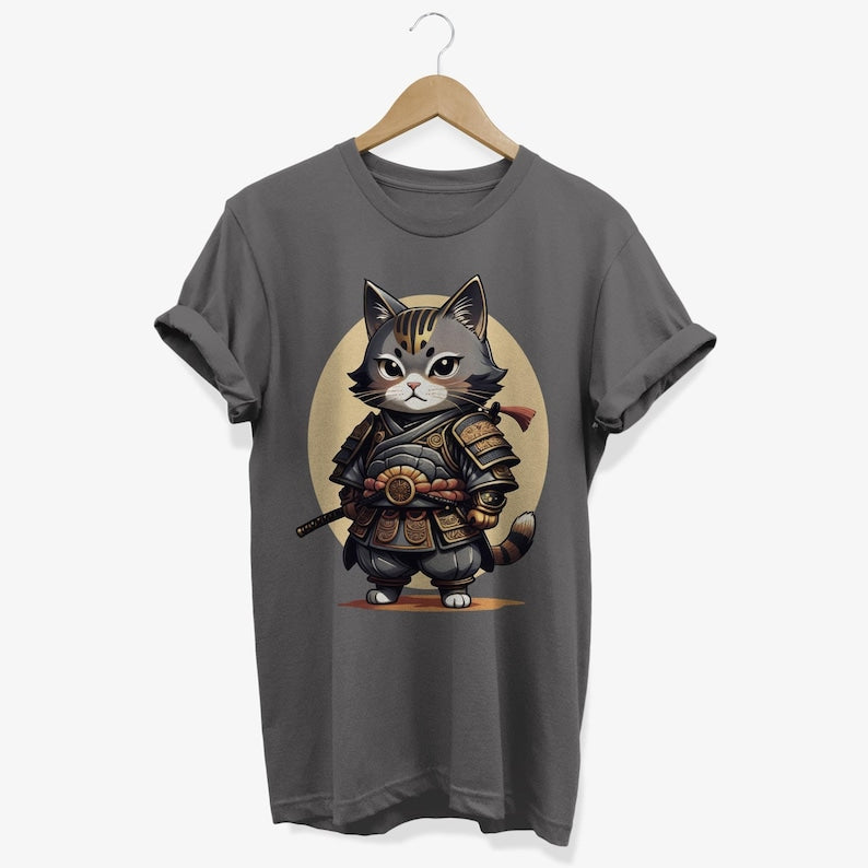 Kawaii Samurai Cat T-shirt | Japanese Kitten Warrior Graphic Tee | Anime Lovers Gifts