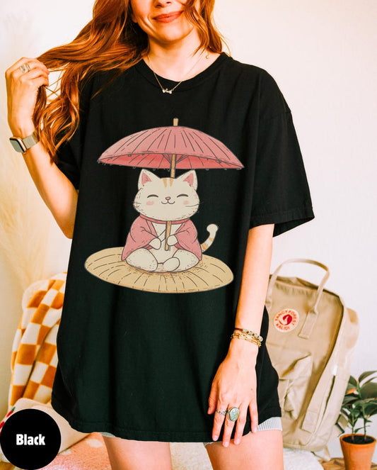 Cat Lover Gift, Cute Cat umbrella shirt, Kawaii Animal Tee, Adorable Feline Shirt, Whimsical Kitty Apparel, Anime, Japanese Shirt, Cat mom