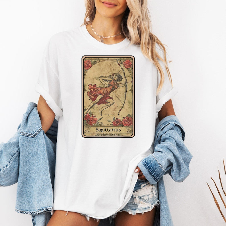 Sagittarius Tarot Card Design, Unique Astrology Graphic, Zodiac Archer Art, Vintage Style T-Shirt, Horoscope Theme T-Shirt