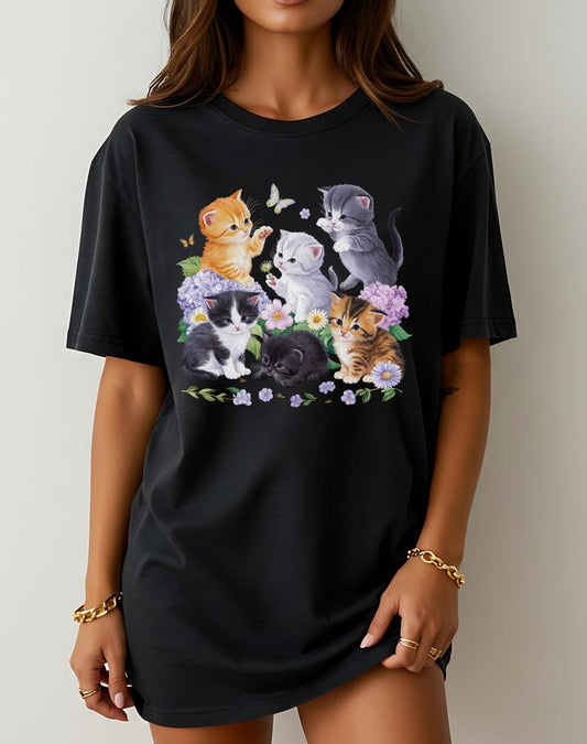 Cute Cat Shirt Cute Kitten TShirt Floral Vintage Aesthetic Cat Butterfly Flower Cottagecore Tee