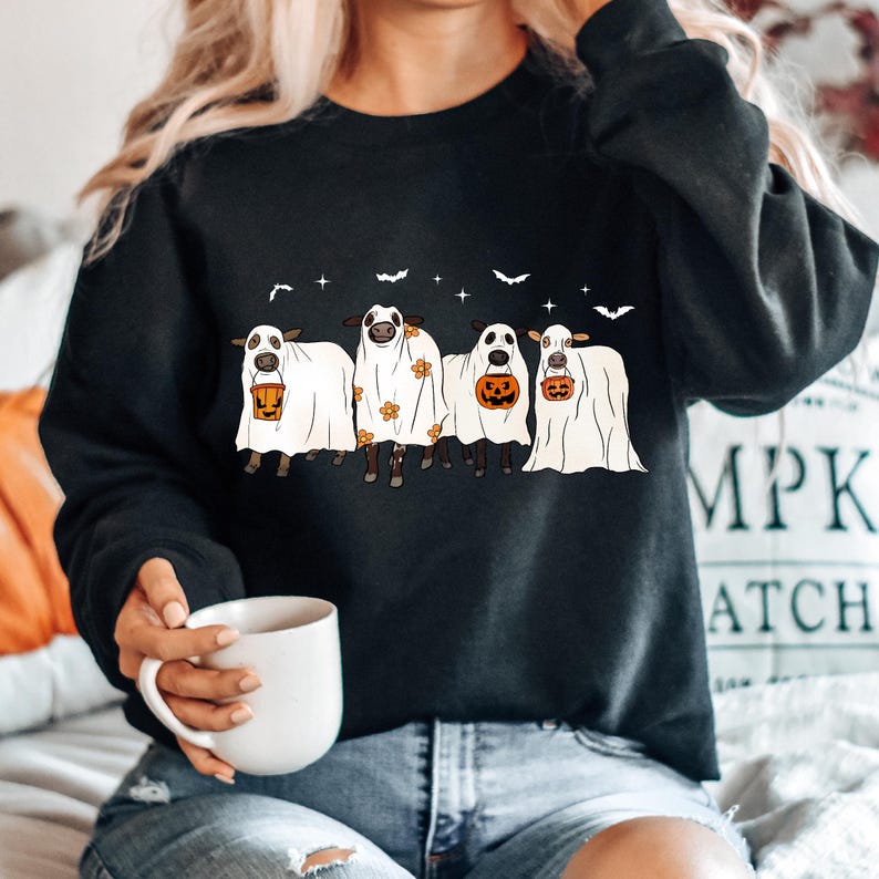 Cows Halloween Sweatshirt, Halloween Ghost Cows Sweatshirt, Spooky Cows Halloween Gifts, Cow Lovers Halloween Gift