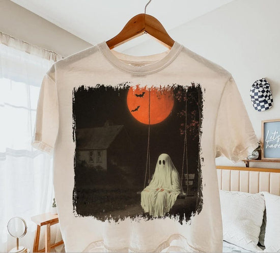 Haunted Ghost Swing Shirt Design, Red Moon Spooky Night Sublimation, Creepy Fall Scene Shirt, T-Shirt