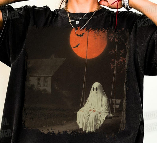 Haunted Ghost Swing Shirt Design, Red Moon Spooky Night Sublimation, Creepy Fall Scene Shirt, T-Shirt